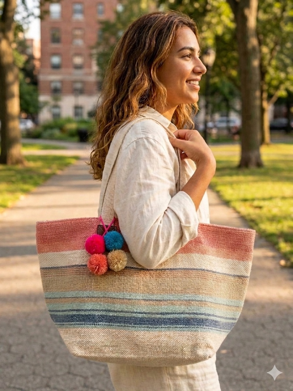 Bay Sky Women’s Woven Stripe Tote Bag with Pom-Pom Charms